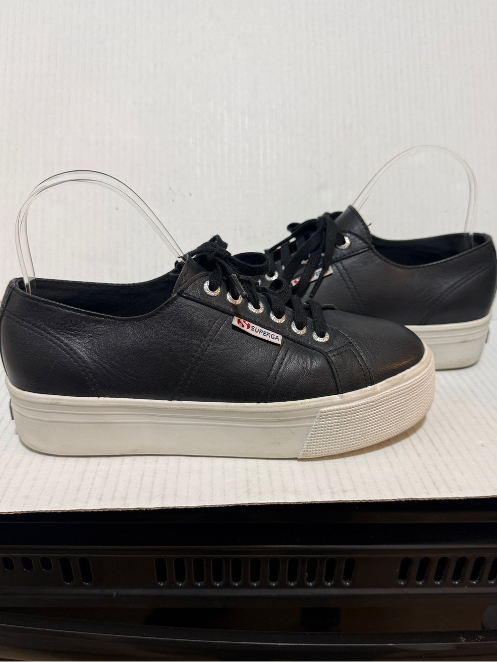 Superga 2790 Women's NAPPA Black Bristol Nappa Leather Platform Sneakers Sz 7M